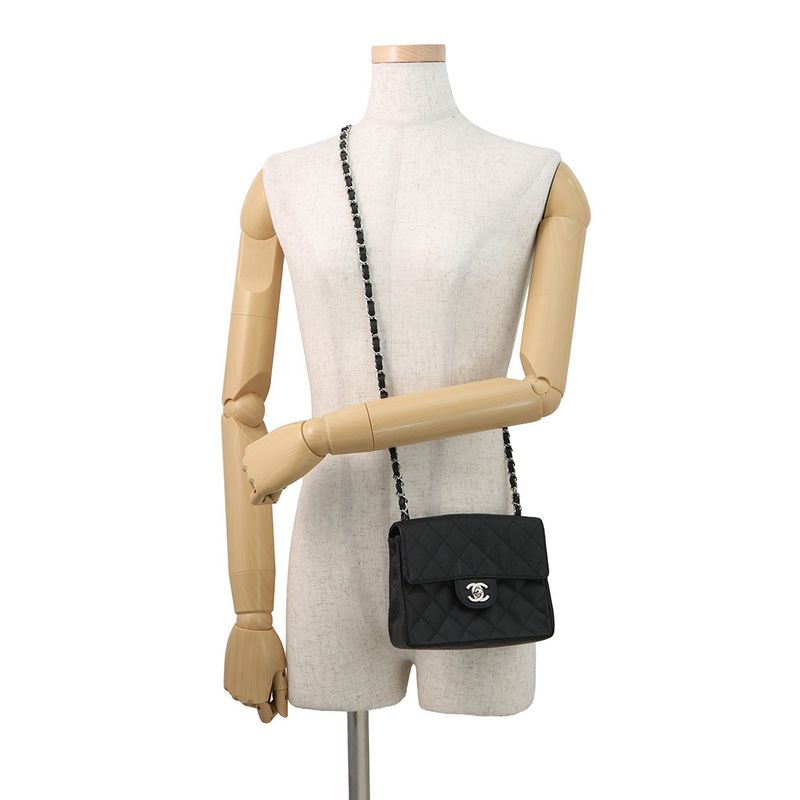 Chanel Chain Shoulder Bag Mini Quilted CC Logo Single Caviar Leather Black