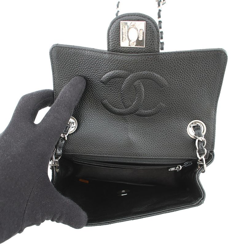 Chanel Chain Shoulder Bag Mini Quilted CC Logo Single Caviar Leather Black