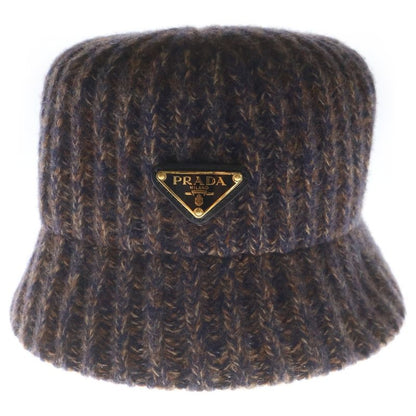 Prada Triangle Logo Melange Knit Bucket Hat Brown