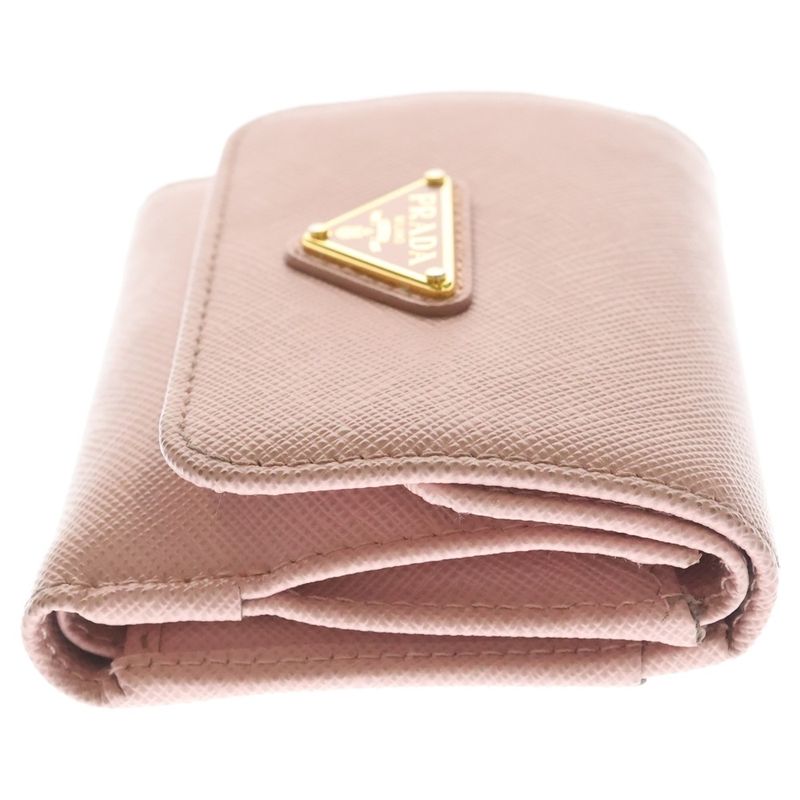 Prada Saffiano Compact Wallet Trifold Coin Case Pink Leather Gold