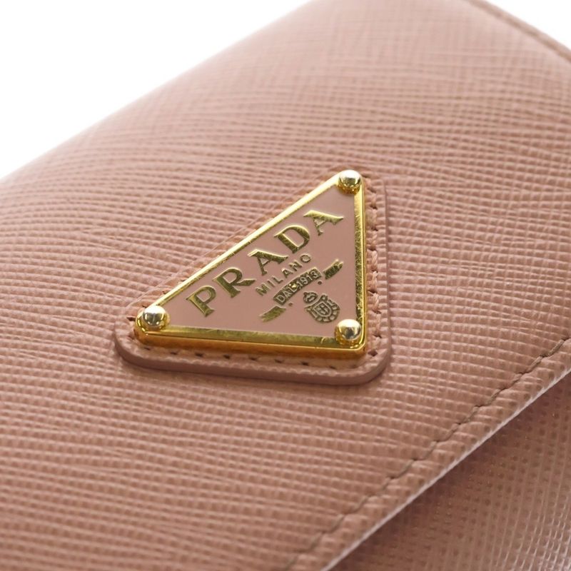 Prada Saffiano Compact Wallet Trifold Coin Case Pink Leather Gold