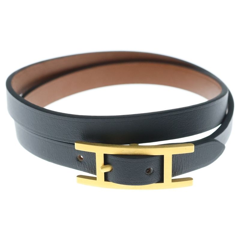 Hermes Leather Bracelet T-engraved Black