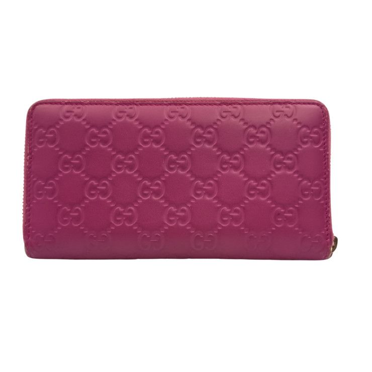 Gucci Wallet Guccissima Pink Signature Leather Ribbon Zip Around Gold