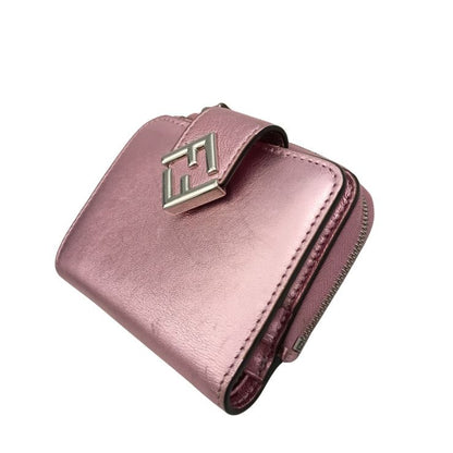 Fendi Bifold Wallet FF Diamond Metallic Pink Leather Silver