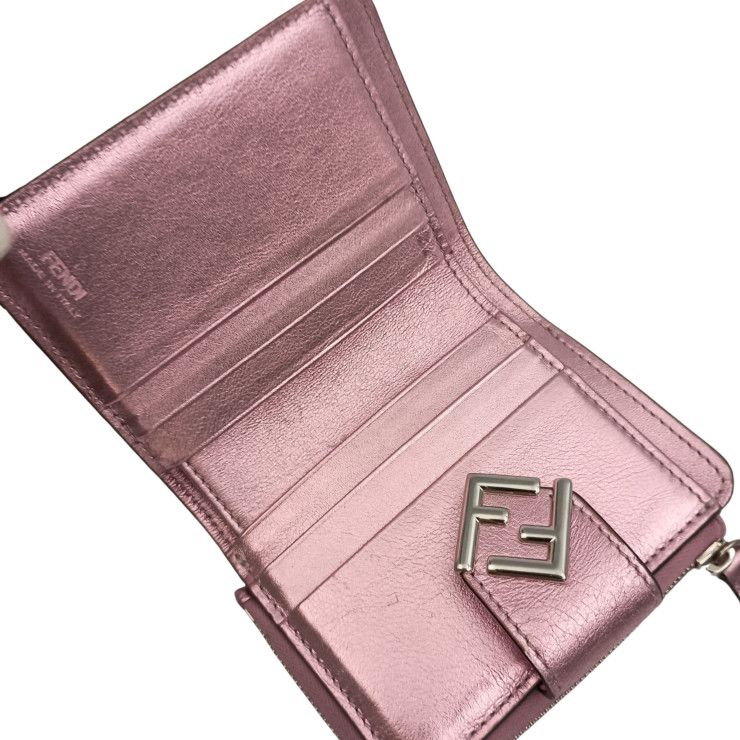 Fendi Bifold Wallet FF Diamond Metallic Pink Leather Silver