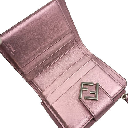 Fendi Bifold Wallet FF Diamond Metallic Pink Leather Silver