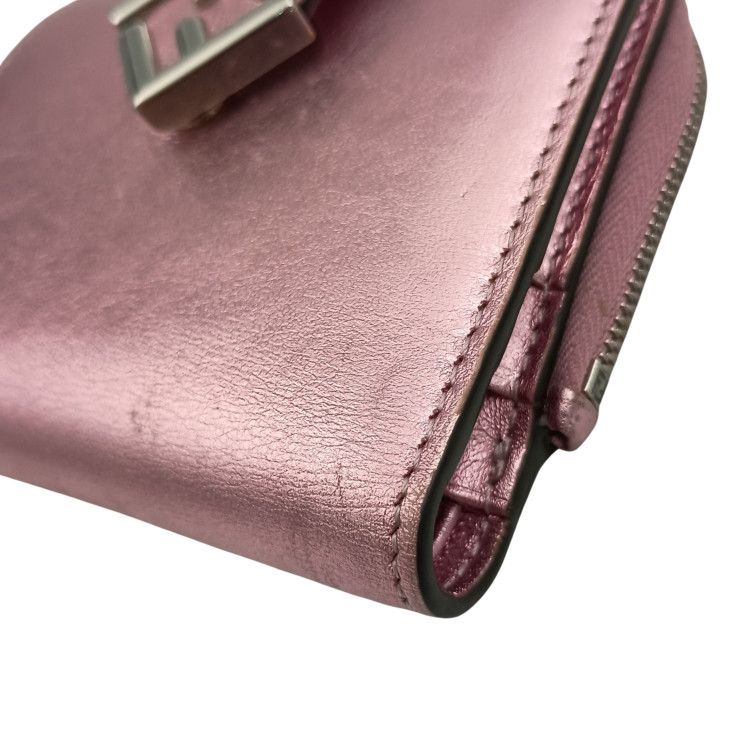 Fendi Bifold Wallet FF Diamond Metallic Pink Leather Silver