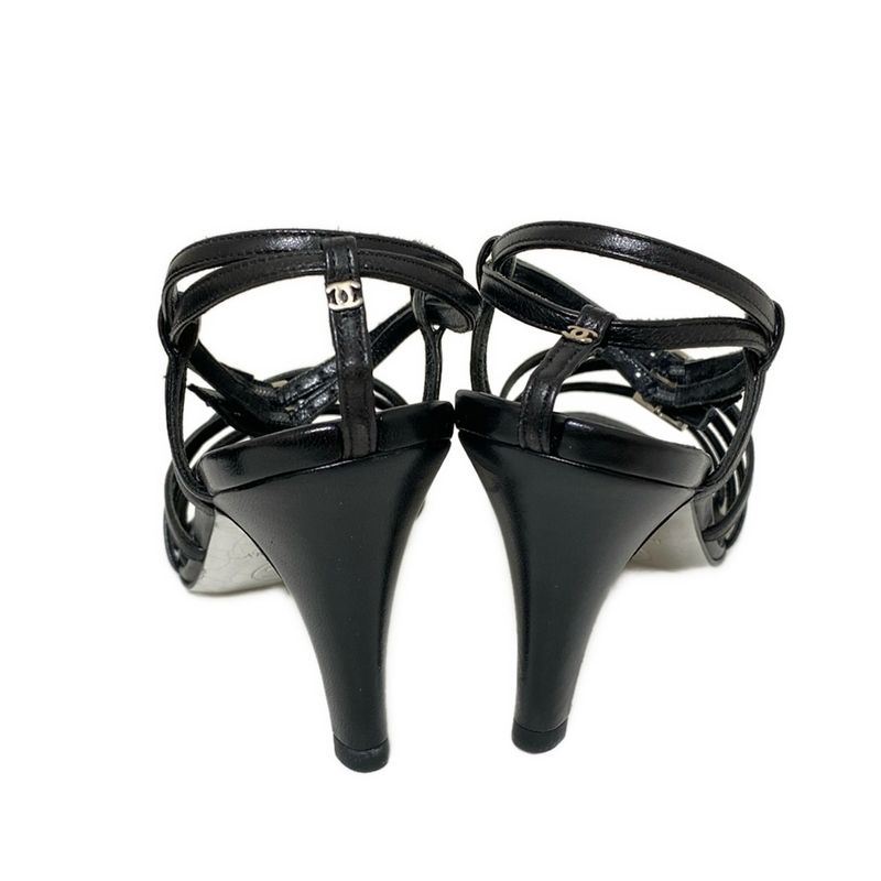 Chanel Sandals 34 C Black CC Logo Rhinestone Leather