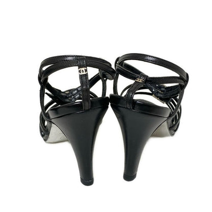 Chanel Sandals 34 C Black CC Logo Rhinestone Leather