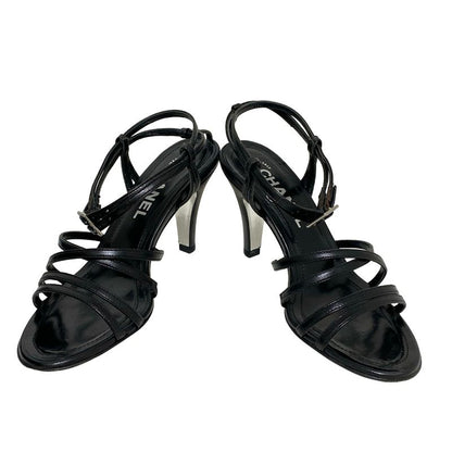 Chanel Sandals 34 C Black CC Logo Rhinestone Leather