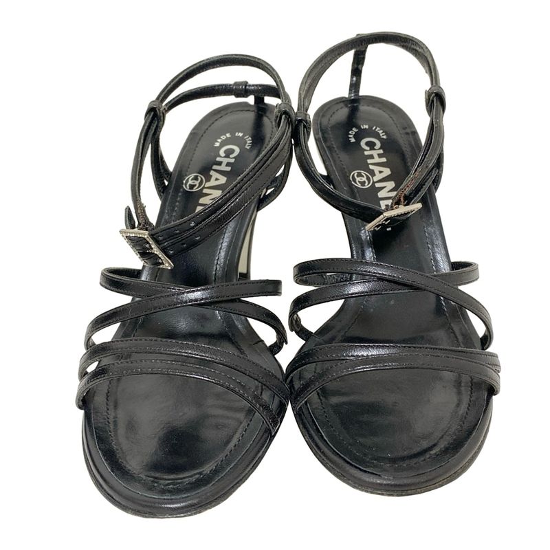 Chanel Sandals 34 C Black CC Logo Rhinestone Leather