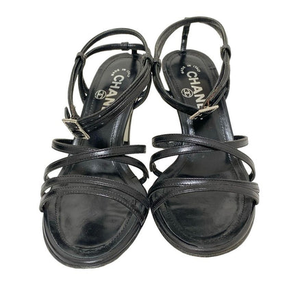 Chanel Sandals 34 C Black CC Logo Rhinestone Leather