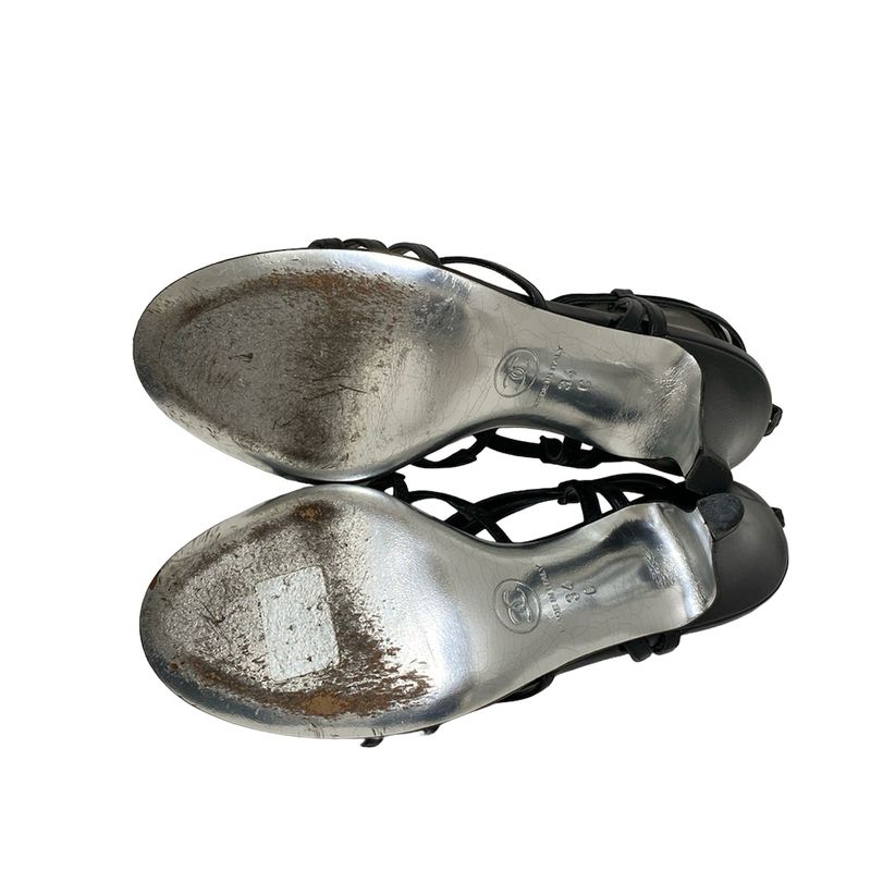 Chanel Sandals 34 C Black CC Logo Rhinestone Leather