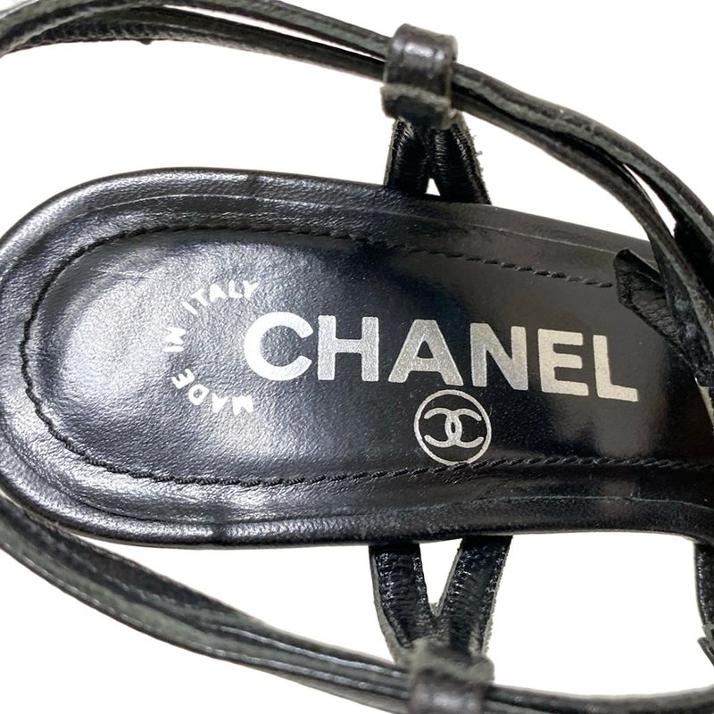Chanel Sandals 34 C Black CC Logo Rhinestone Leather