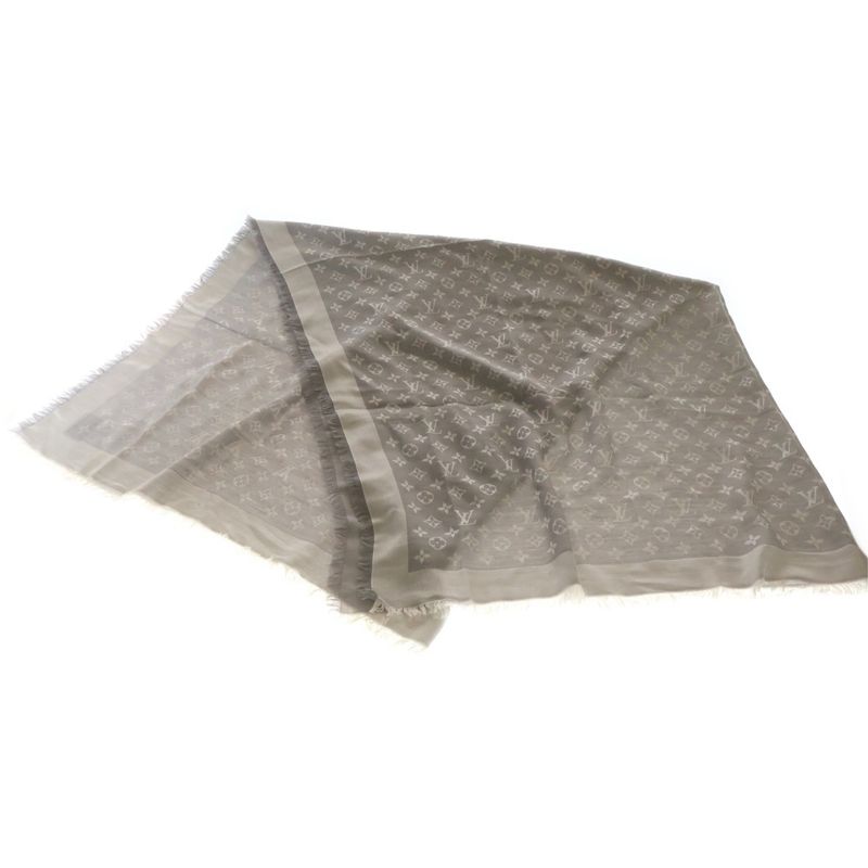 Louis Vuitton Shawl Monogram Fringe Scarf Silk Wool Light Gray