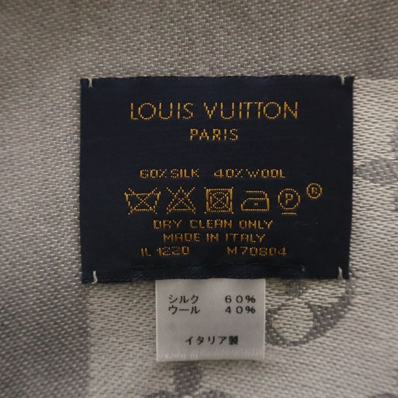 Louis Vuitton Shawl Monogram Fringe Scarf Silk Wool Light Gray