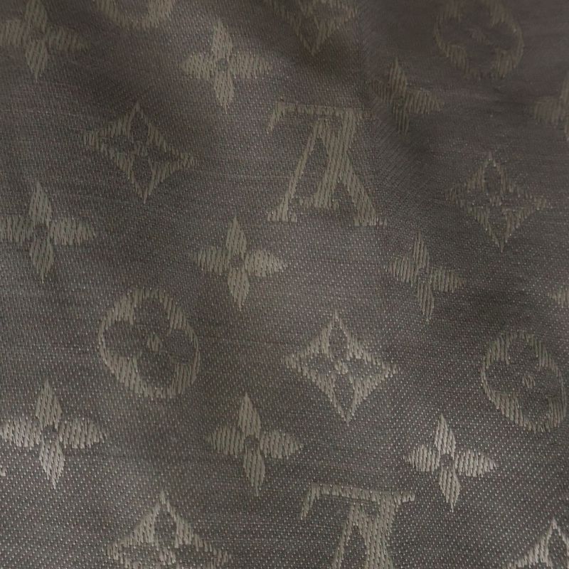Louis Vuitton Shawl Monogram Fringe Scarf Silk Wool Light Gray
