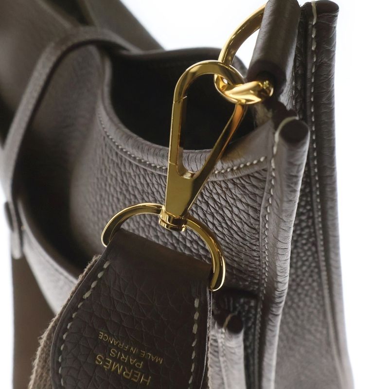 Hermes Evelyne PM Etoupe Taurillon Clemence Leather Shoulder Bag Gold Brown