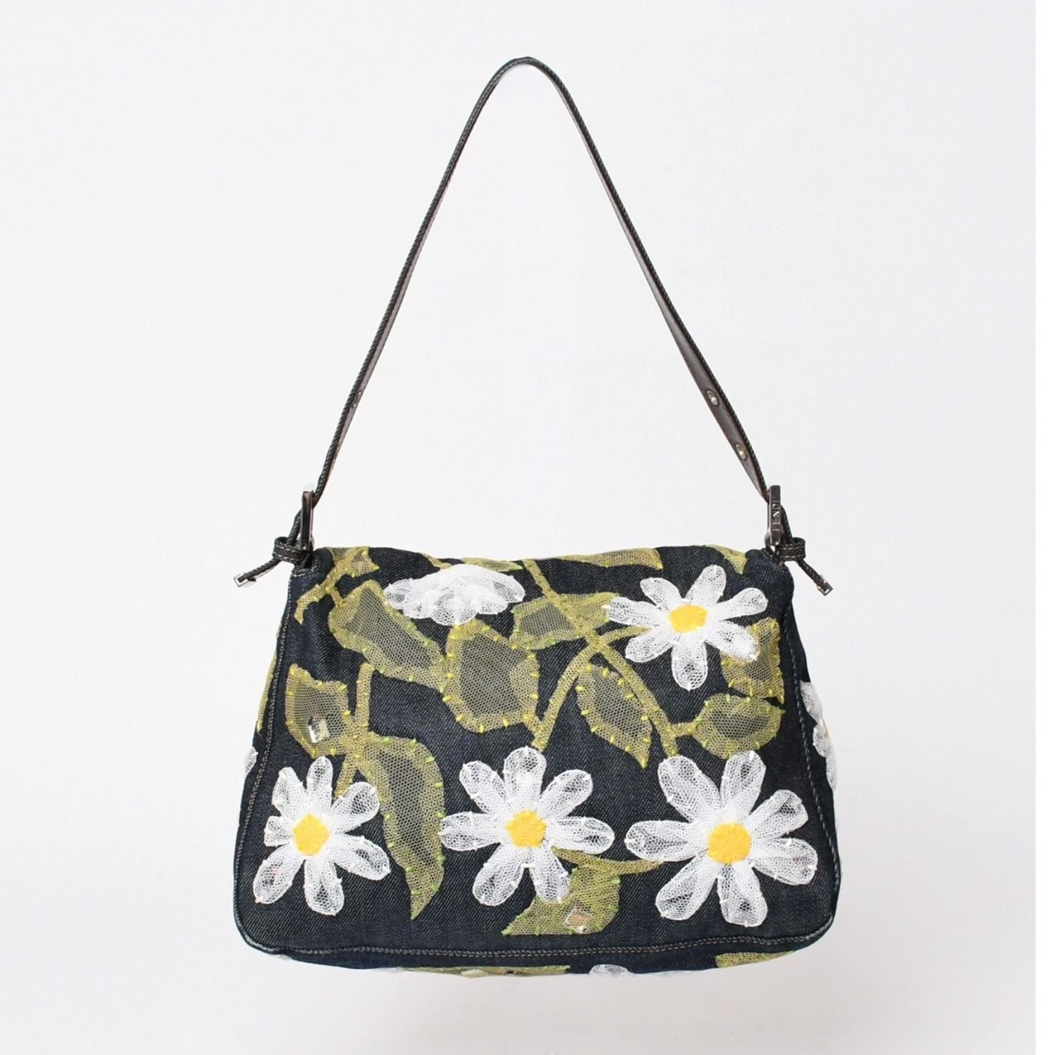Fendi Flower Denim Mamma Baguette Embroidery Navy Silver — view 2