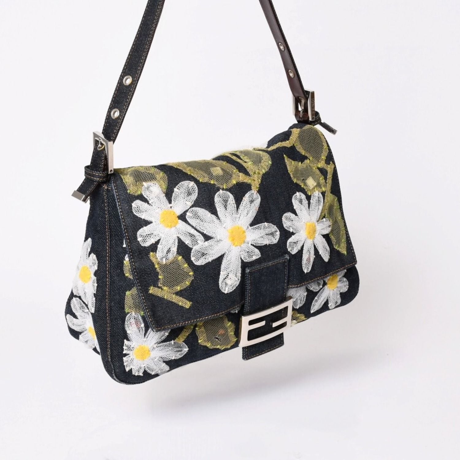 Fendi Flower Denim Mamma Baguette Embroidery Navy Silver — view 3