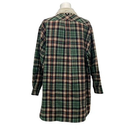 Gucci Coat 40 M Green Black Multi Winter Plaid Pattern Removable Collar Faux
