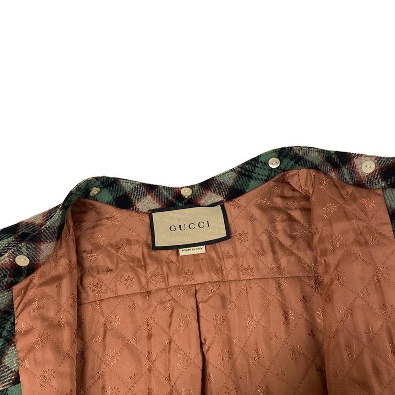 Gucci Coat 40 M Green Black Multi Winter Plaid Pattern Removable Collar Faux
