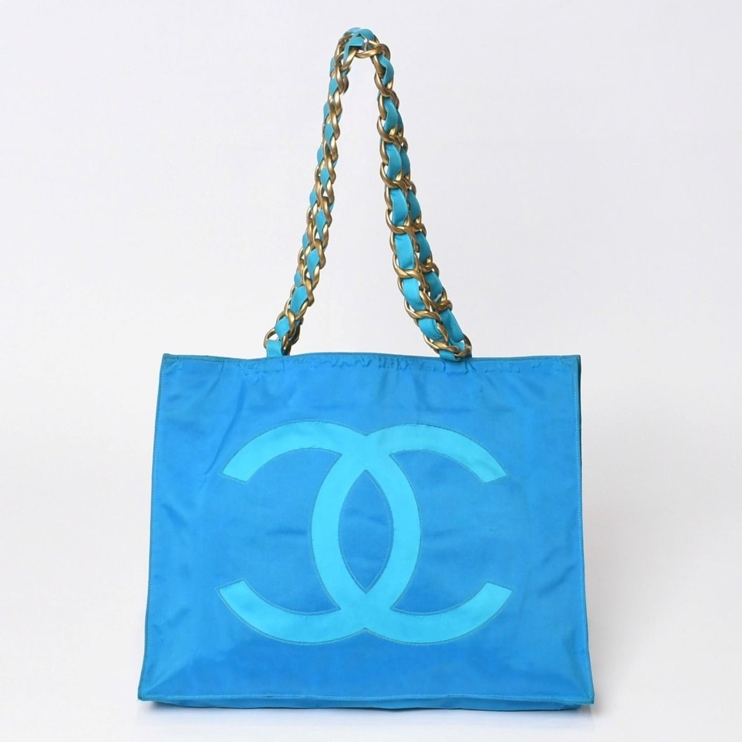 Chanel Vintage Logo Chain Tote Bag CC Turquoise Blue