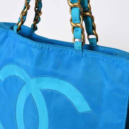 Chanel Vintage Logo Chain Tote Bag CC Turquoise Blue — view 5