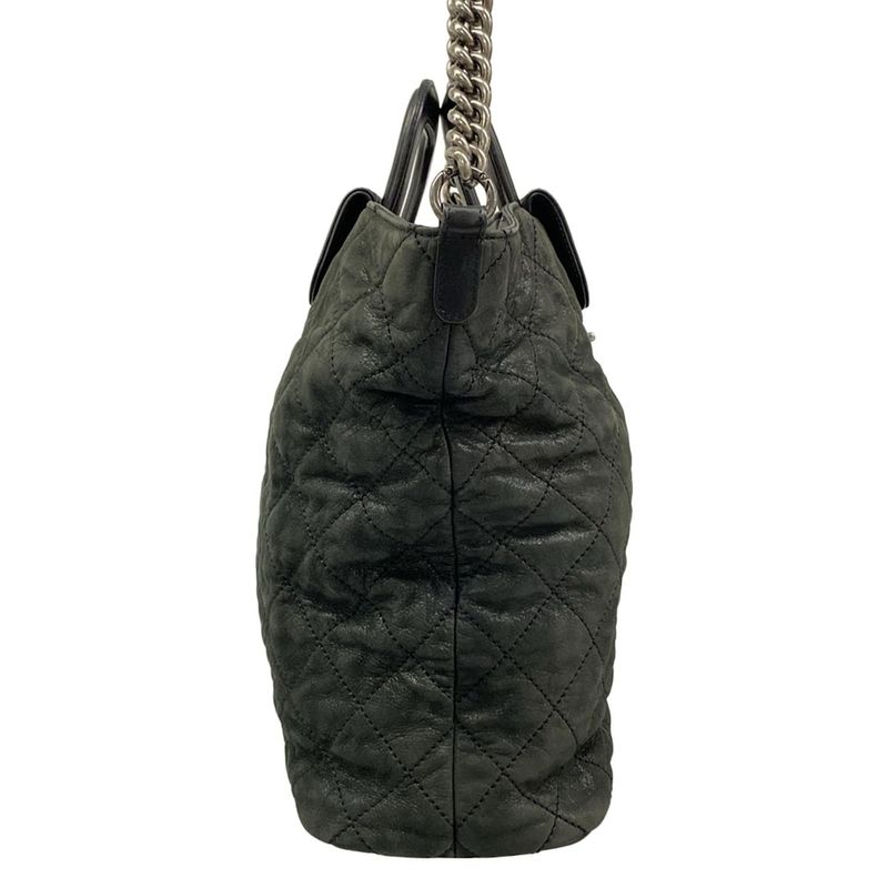 Chanel Shoulder Bag Quilted Black Lame 2-Way Vintage Silver Chain Leather