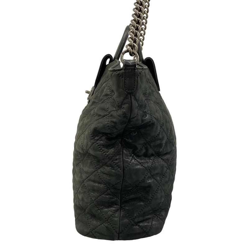 Chanel Shoulder Bag Quilted Black Lame 2-Way Vintage Silver Chain Leather