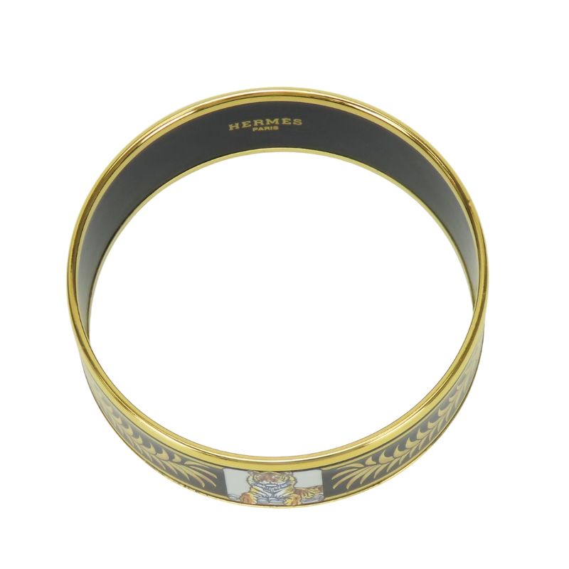 Hermes Bangle Enamel GM Metal Black Gold Cloisonne Tiger Bracelet