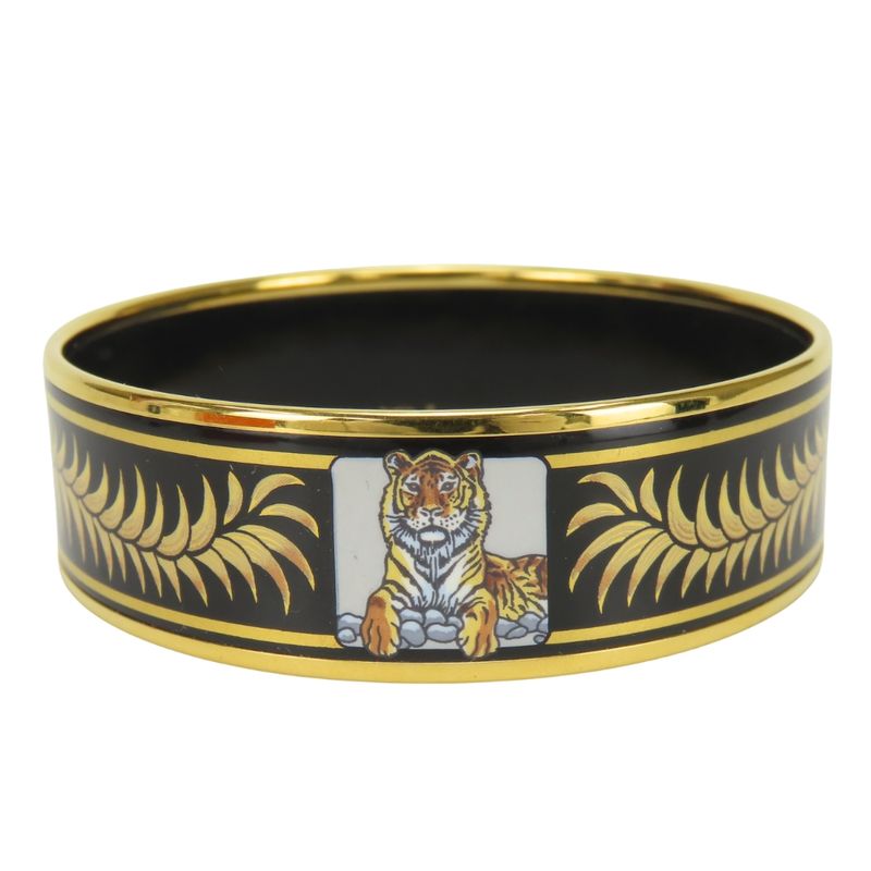 Hermes Bangle Enamel GM Metal Black Gold Cloisonne Tiger Bracelet