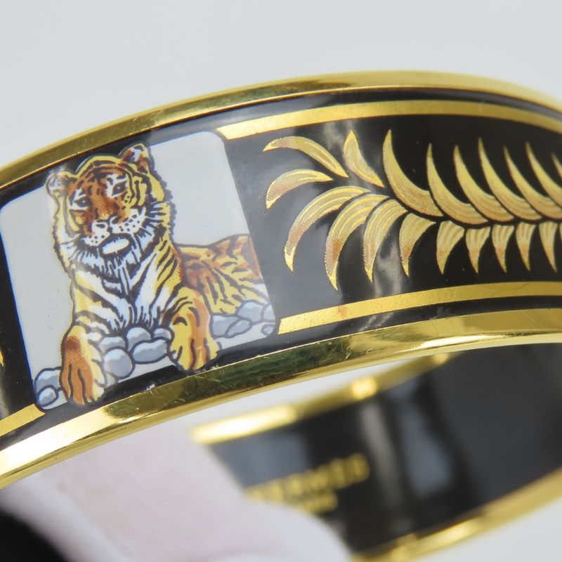 Hermes Bangle Enamel GM Metal Black Gold Cloisonne Tiger Bracelet
