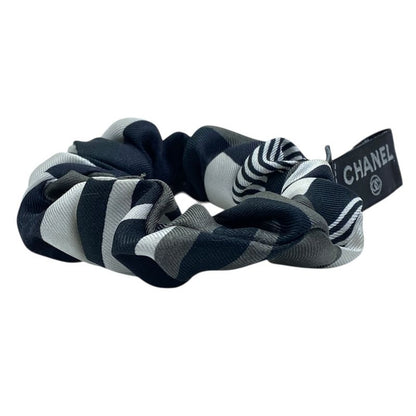 Chanel Scrunchie Hair Tie Geometric Pattern Silk Black White Gray Luxury