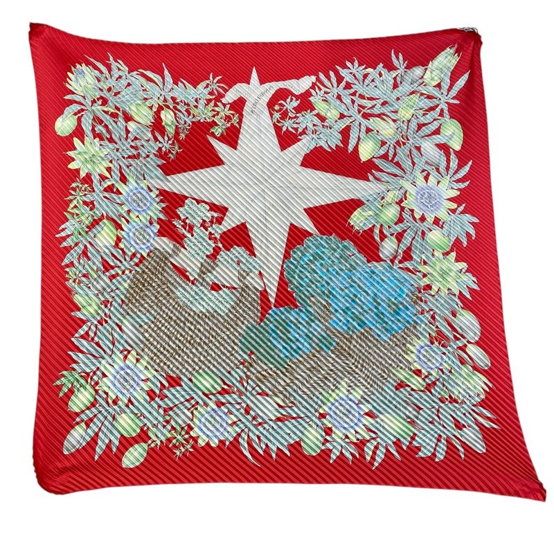 Hermes Scarf Passiflores Passion Flower Pleats Carre 90 Silk Red Multicolor