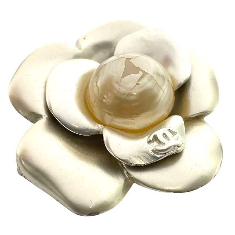 Chanel Vintage Camellia CC Logo Brooch Flower Champagne Gold Silver Faux Pearl