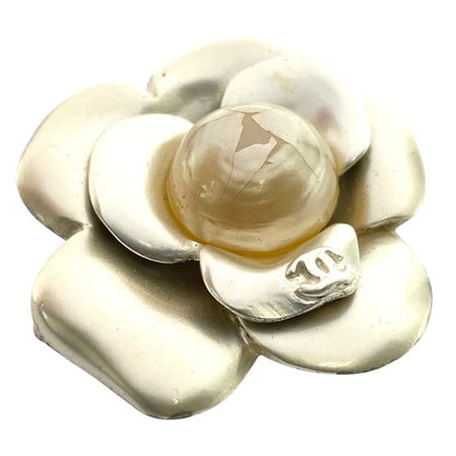 Chanel Vintage Camellia CC Logo Brooch Flower Champagne Gold Silver Faux Pearl