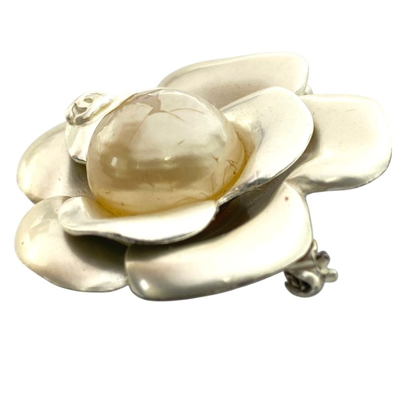 Chanel Vintage Camellia CC Logo Brooch Flower Champagne Gold Silver Faux Pearl