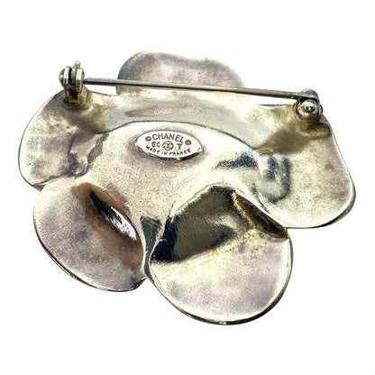 Chanel Vintage Camellia CC Logo Brooch Flower Champagne Gold Silver Faux Pearl