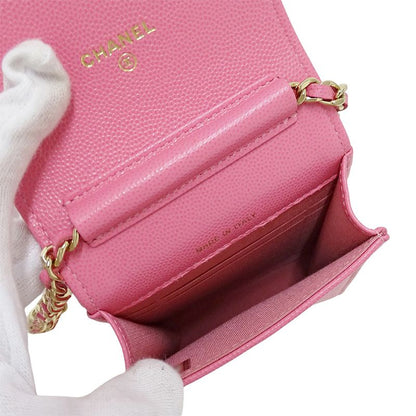 Chanel Quilted Shoulder Bag Smartphone Caviar Leather Pink Gold Pouch Chain