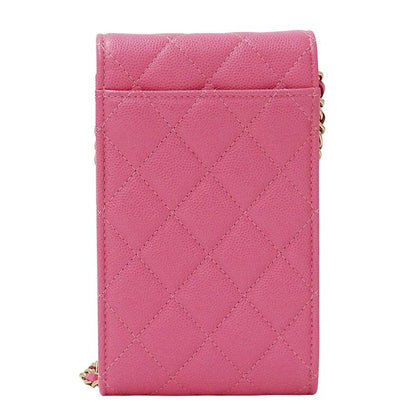 Chanel Quilted Shoulder Bag Smartphone Caviar Leather Pink Gold Pouch Chain