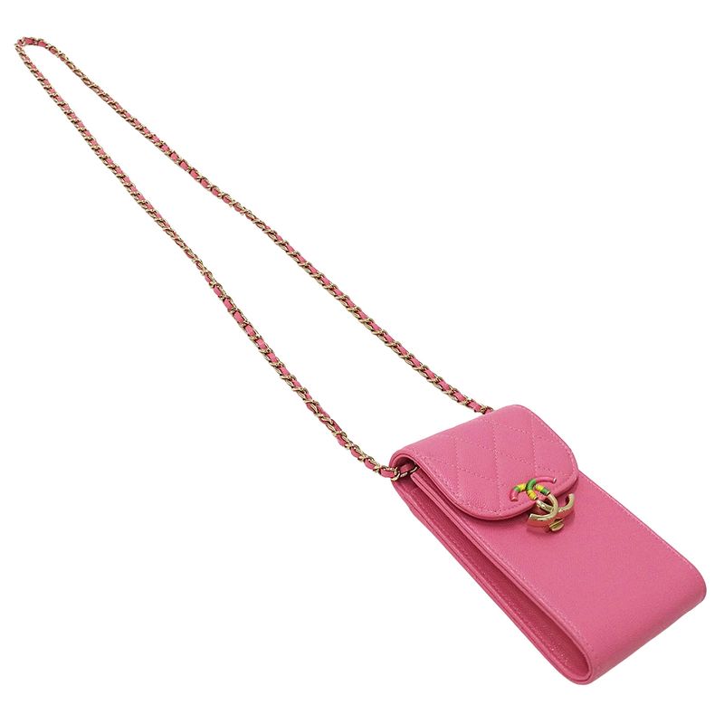 Chanel Quilted Shoulder Bag Smartphone Caviar Leather Pink Gold Pouch Chain
