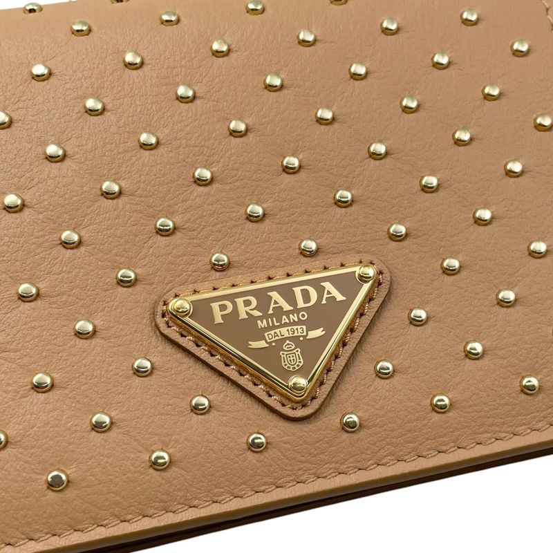 Prada Bifold Wallet Studded Leather Triangle Logo Natural Beige Gold