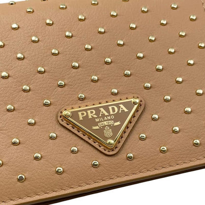 Prada Bifold Wallet Studded Leather Triangle Logo Natural Beige Gold