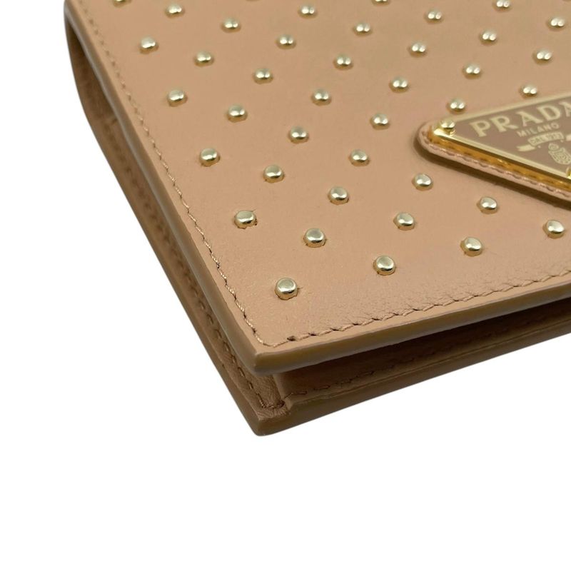 Prada Bifold Wallet Studded Leather Triangle Logo Natural Beige Gold