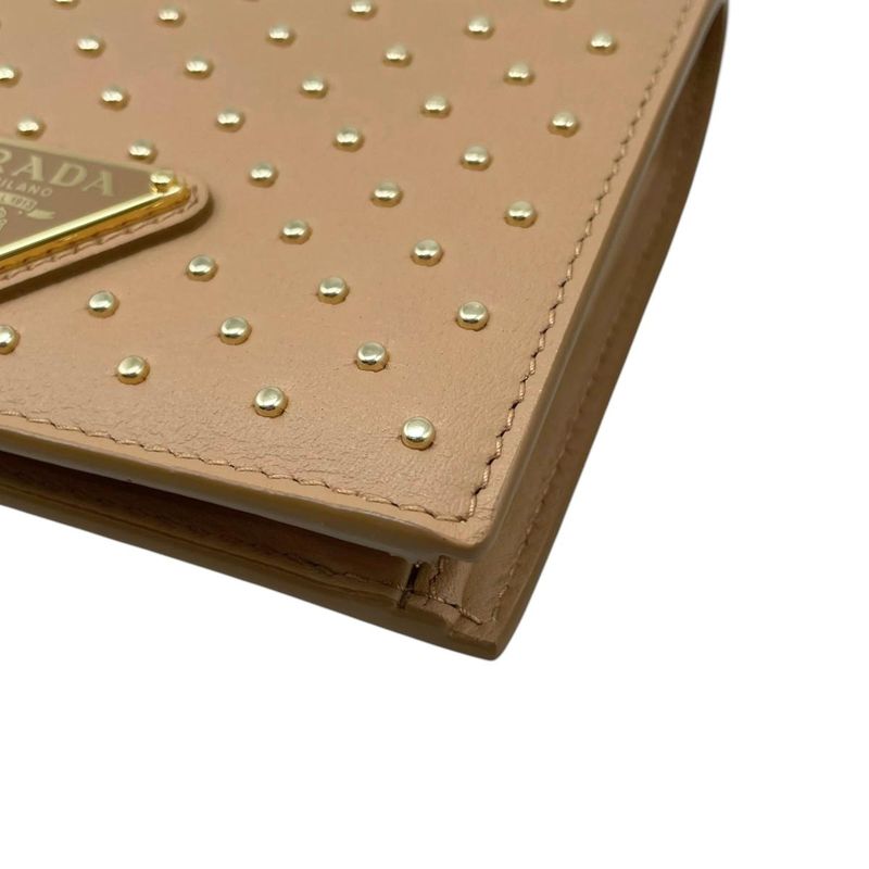 Prada Bifold Wallet Studded Leather Triangle Logo Natural Beige Gold