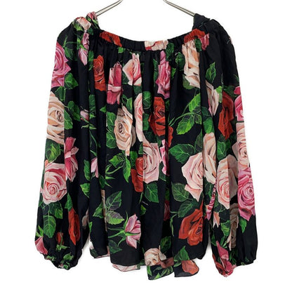 Dolce & Gabbana Rose Print Off Shoulder Silk Blouse 44