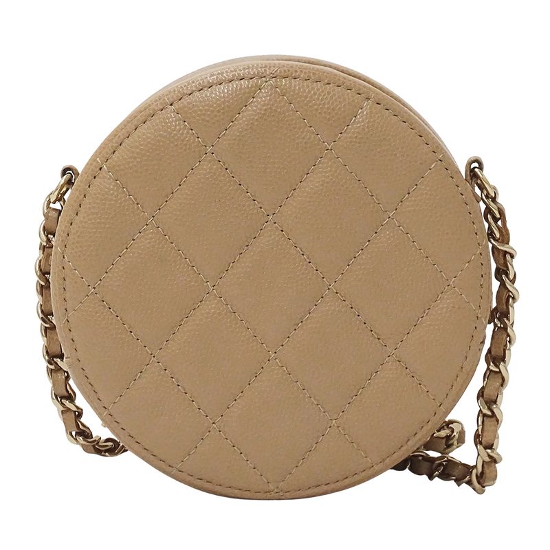 Chanel Quilted Shoulder Bag Caviar Leather Beige Gold Chain Pouch Round