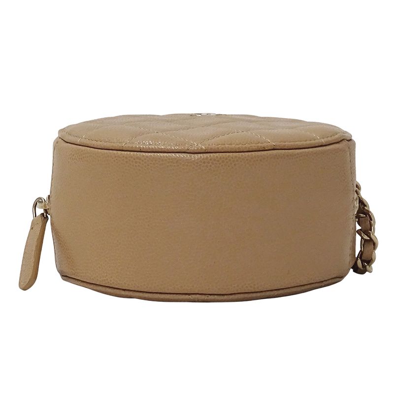 Chanel Quilted Shoulder Bag Caviar Leather Beige Gold Chain Pouch Round