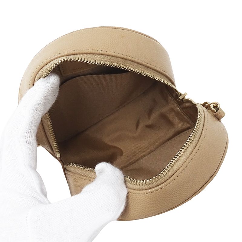 Chanel Quilted Shoulder Bag Caviar Leather Beige Gold Chain Pouch Round